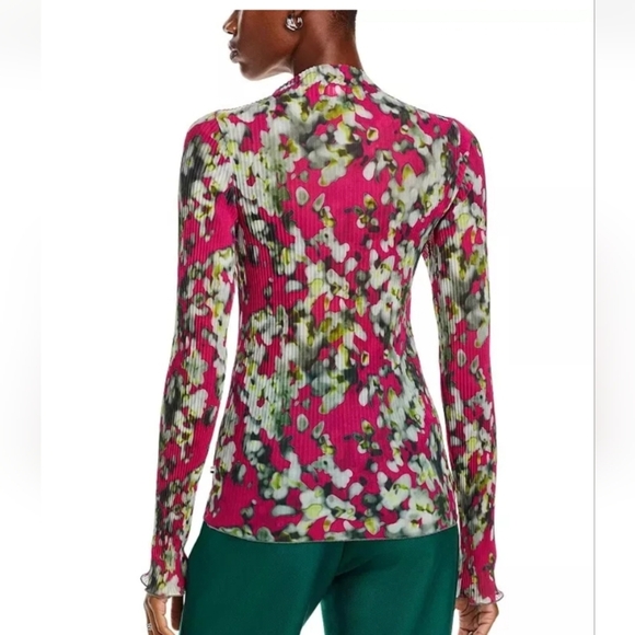 Boss Women’s NWOT Esami Pleated High Neck Stretchy Pink Floral L/s Top Sz Medium - Picture 6 of 6